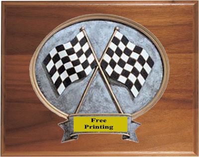 Checkered Flags Racing Plaque on Genuine Walnut